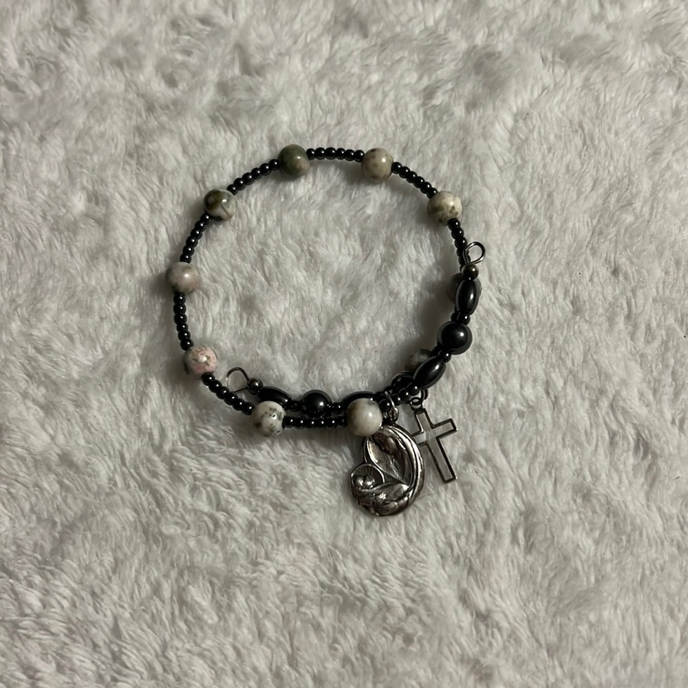 Madonna and Child and Cross Beaded Gemstone Bracelet